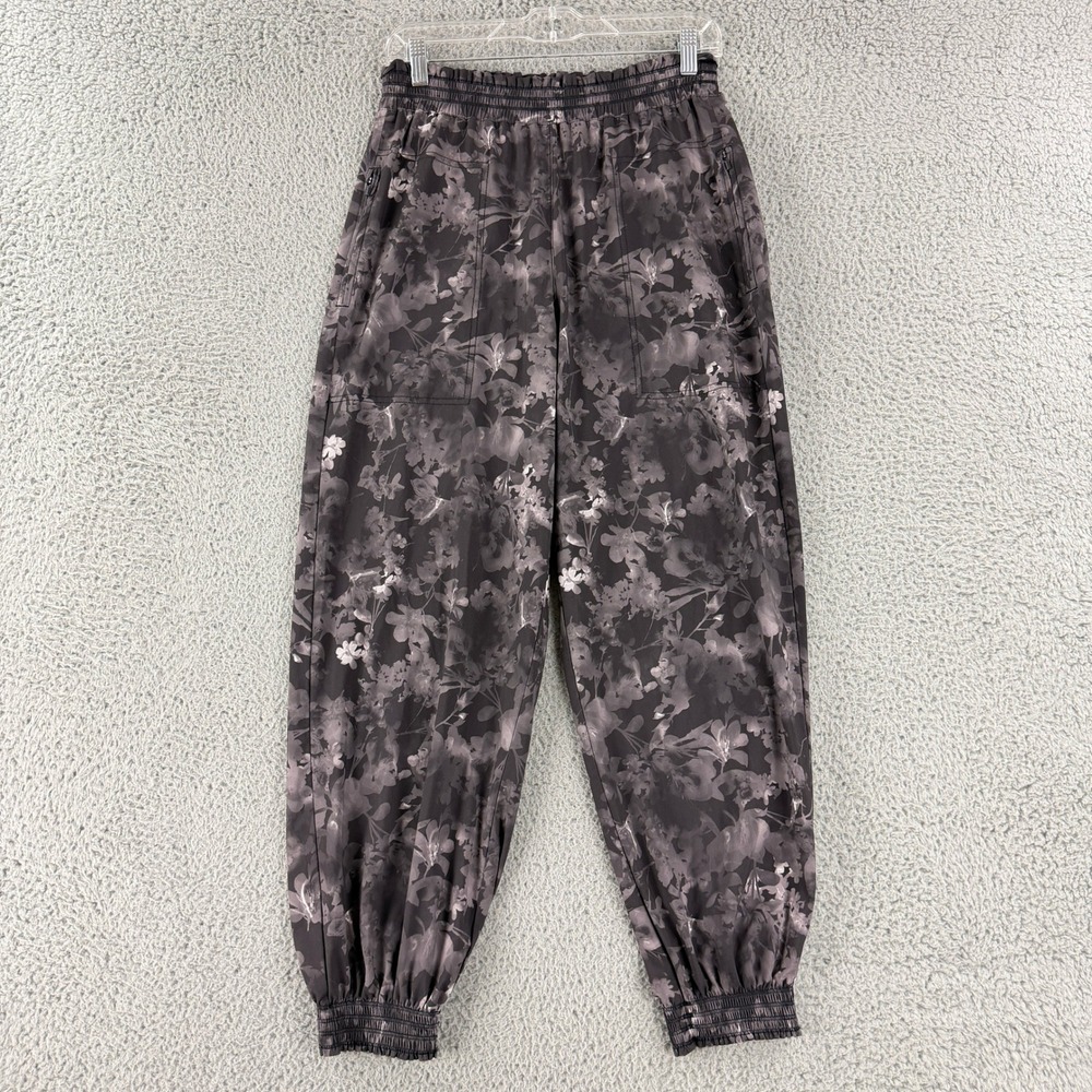 Athleta Savannah Jogger Womens 6 Black Floral Smocked Waist Hiking Pants 798622